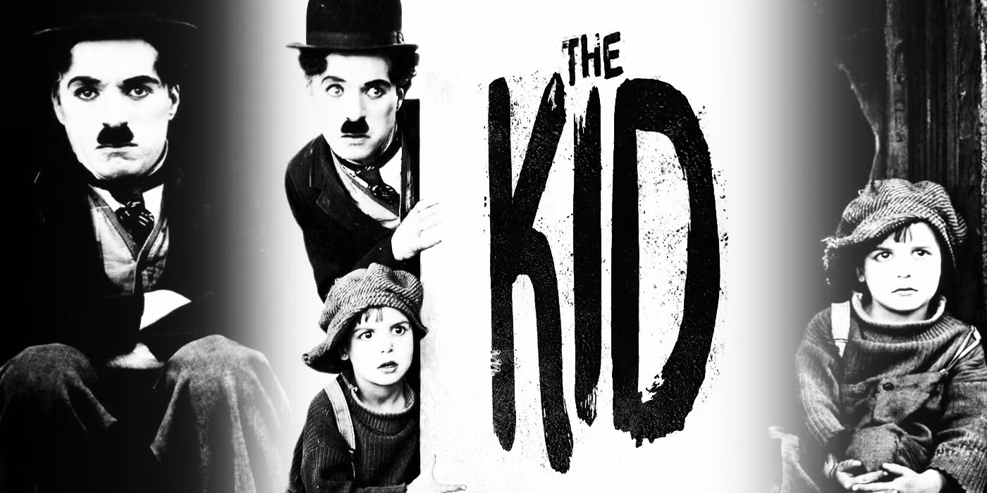 landscape black and white title image for Charlie Chapin's The Kid featuring Chaplin and his costar