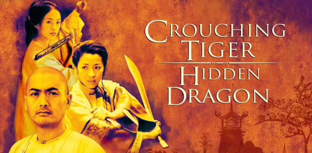 official movie title image for Crouching Tiger, Hidden Dragon, with main characters stacked on the left