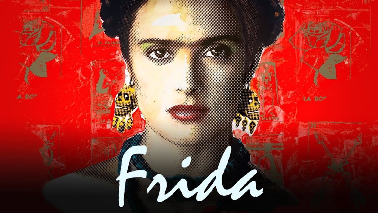 movie poster for Frida featuring the main character's face in a close up shot