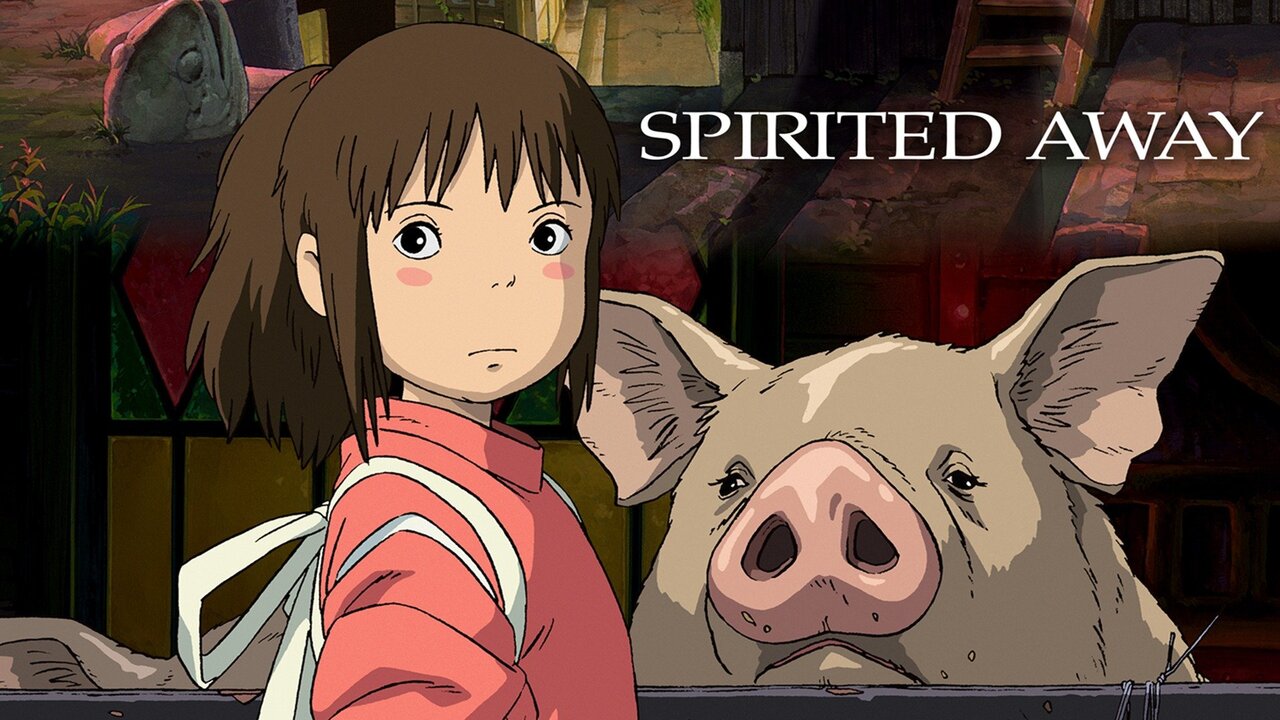 Movie Title Image for Spirited Away, featuring the main character Chihiro looking off in the distance, standing next to a pig to her righthand side.
