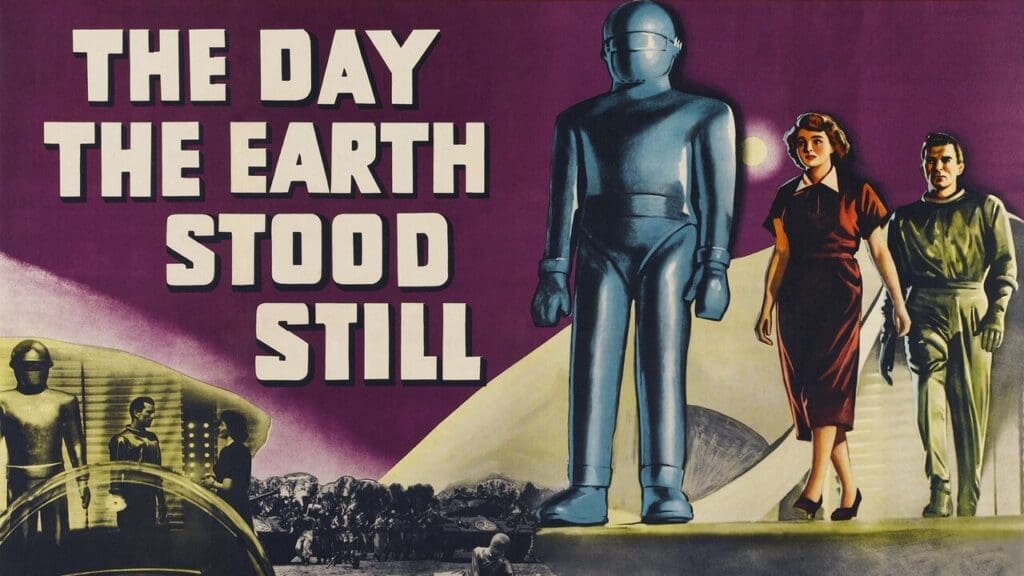 Title poster for the movie The Day the Earth Stood Still, featuring an alien leading a man and woman with a purple background