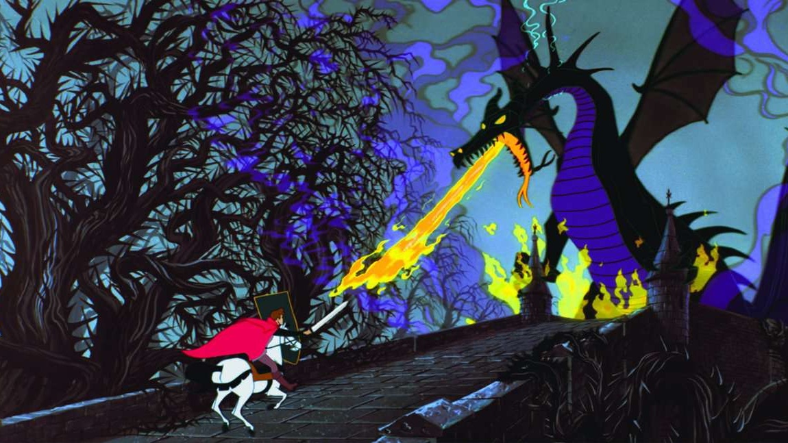 battle scene from Disney's Sleeping Beauty with the Prince and Maleficent as the dragon