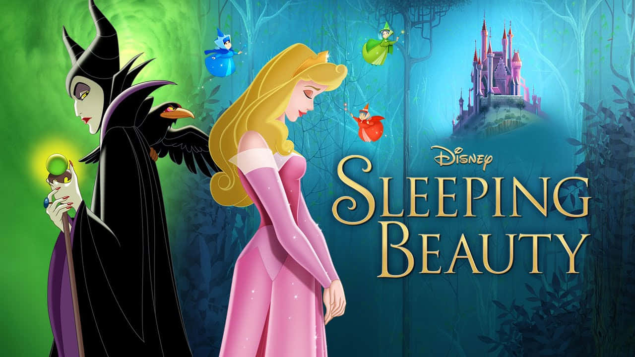 title poster for Disney's Sleeping Beauty with Aurora and Maleficent standing back to back