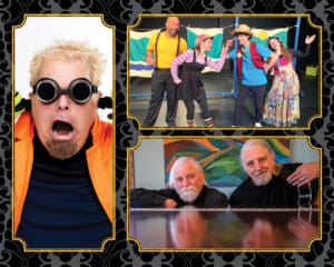 Collage of family series shows including Doktor Kaboom, Paper Bag Players' Stone Soup, and acoustic duo Trout Fishing in America